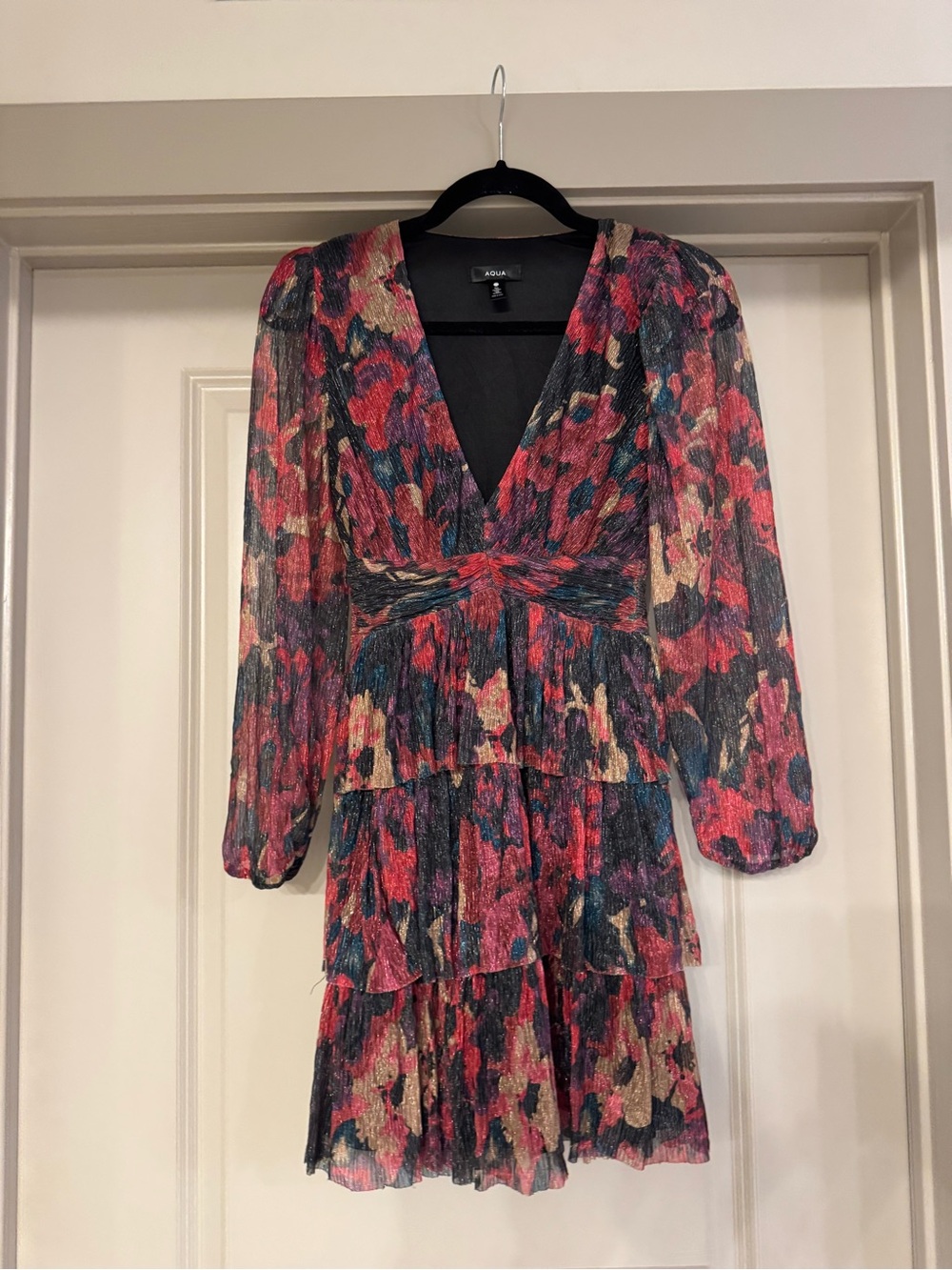 Aqua Multi-Color Floral V-Neck Tiered Mini Dress